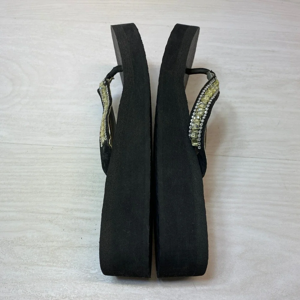 Skechers Womens 9 Platform Flip Flops Yoga Foam Rhinestone Black Wedge Sandals